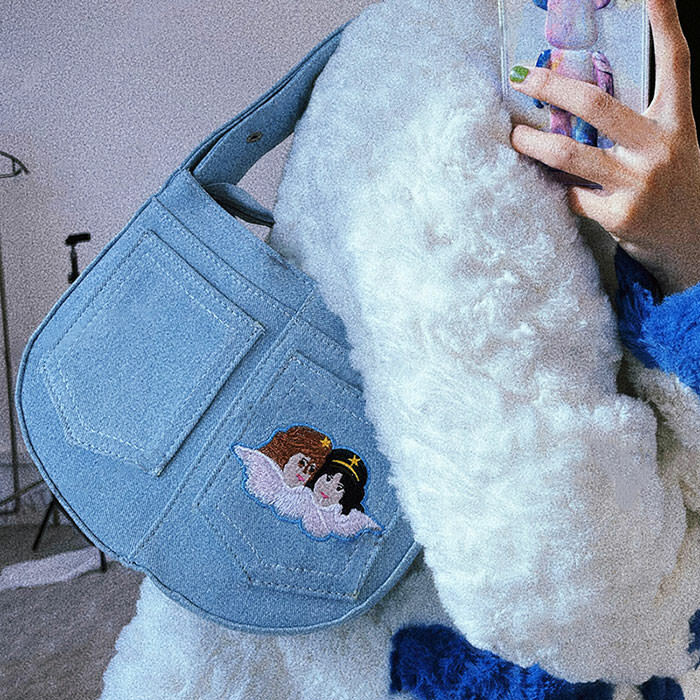 Angel Embroidery Baguette Bag - Y2K Aesthetic Accessory for Cute Outfits