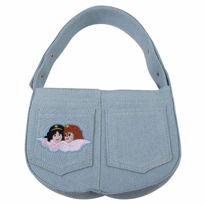 Angel Embroidery Baguette Bag - Y2K Aesthetic Accessory for Cute Outfits