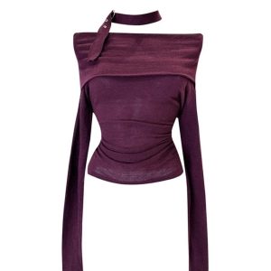 Asymmetric Choker Long Sleeve Top - Y2K Fashion & Coquette Aesthetic