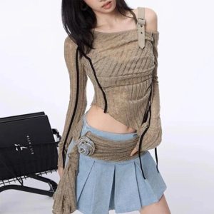 Asymmetrical Strap Detail Knit Top for Y2K Fashion & Coquette Aesthetic