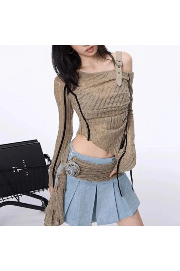 Asymmetrical Strap Detail Knit Top for Y2K Fashion & Coquette Aesthetic