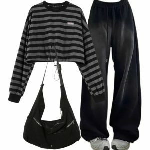 Baggy Y2K Grunge Sweatpants & Striped Sweatshirt with Nylon Shoulder Bag