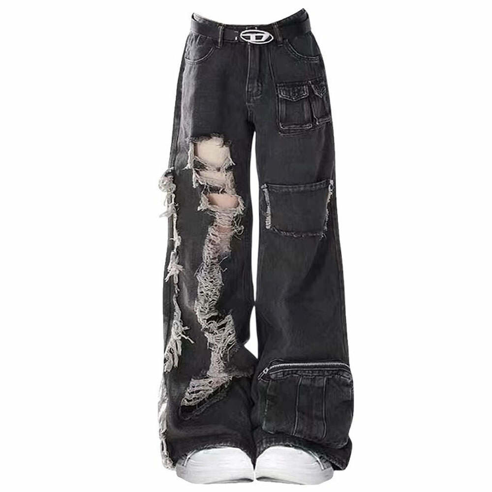 Black Grunge Ripped Jeans for Y2K Aesthetic Outfits & Streetwear