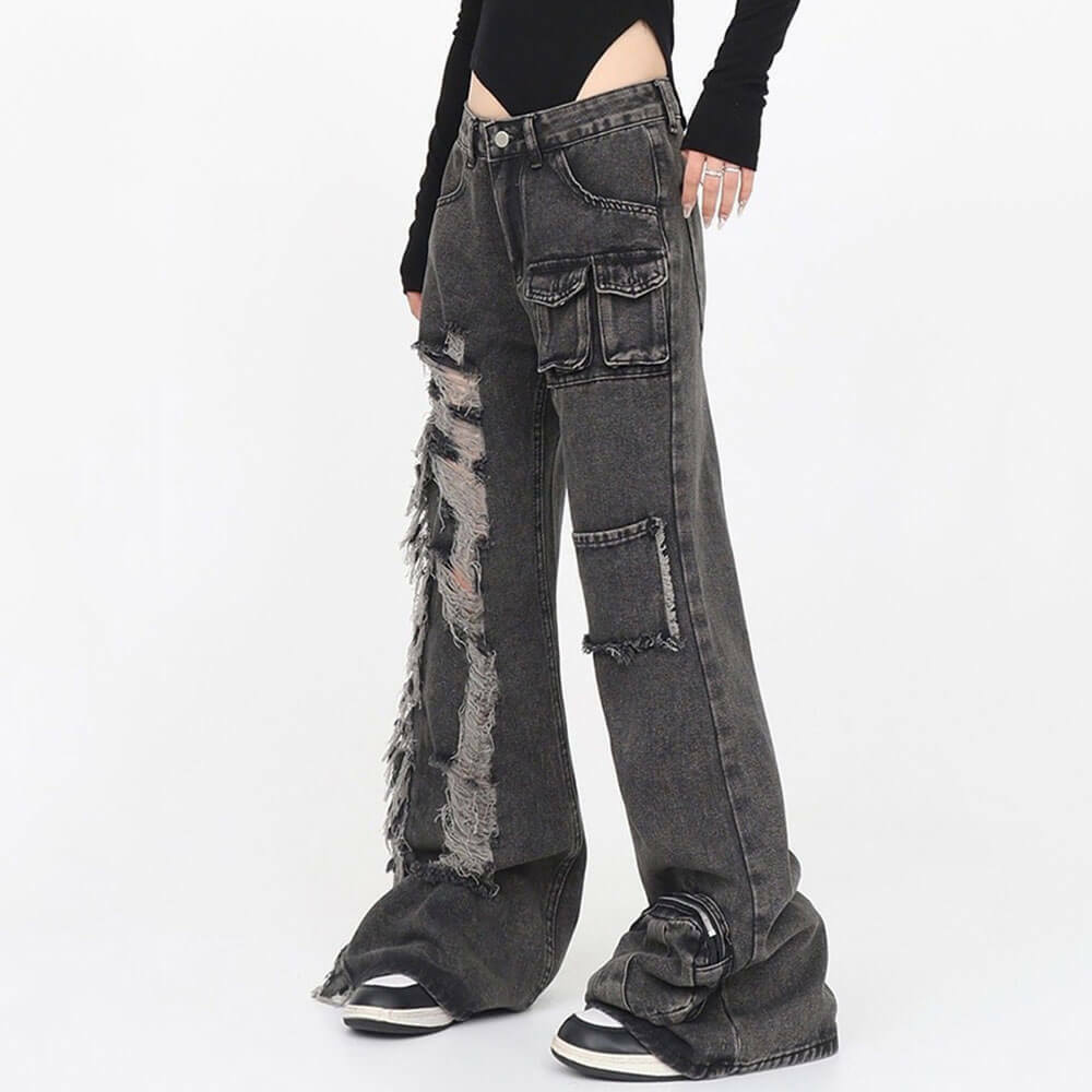 Black Grunge Ripped Jeans for Y2K Aesthetic Outfits & Streetwear