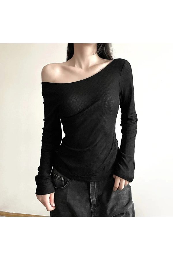 Black Off-Shoulder Ribbed Top - Y2K Fashion Essential for Coquette Aesthetic