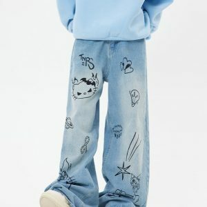 Blue Grunge Aesthetic Cat Jeans for Y2K Fashion Lovers