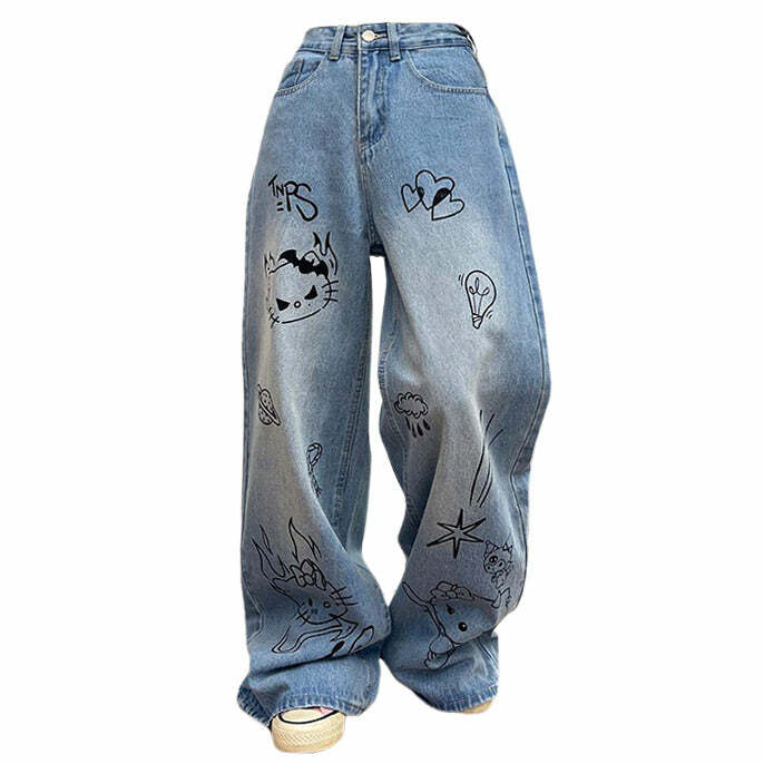 Blue Grunge Aesthetic Cat Jeans for Y2K Fashion Lovers