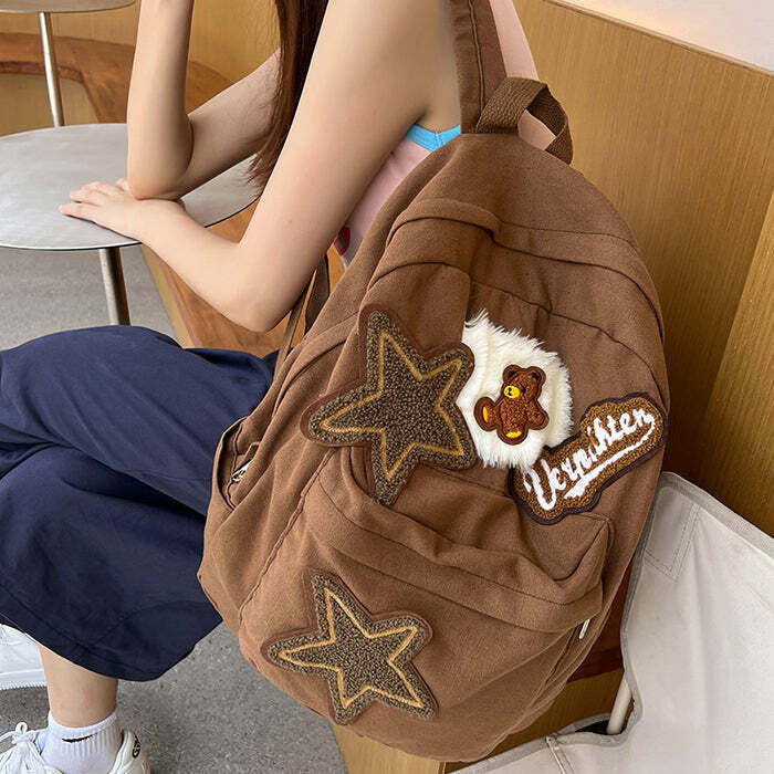 Brown Bear Star Backpack - Y2K Aesthetic Bag for Cute Outfits & Trends