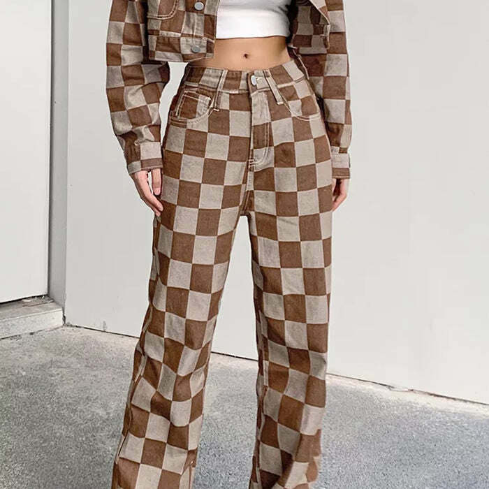 Brown Checkered Jeans: Y2K Fashion for Grunge & Coquette Aesthetics