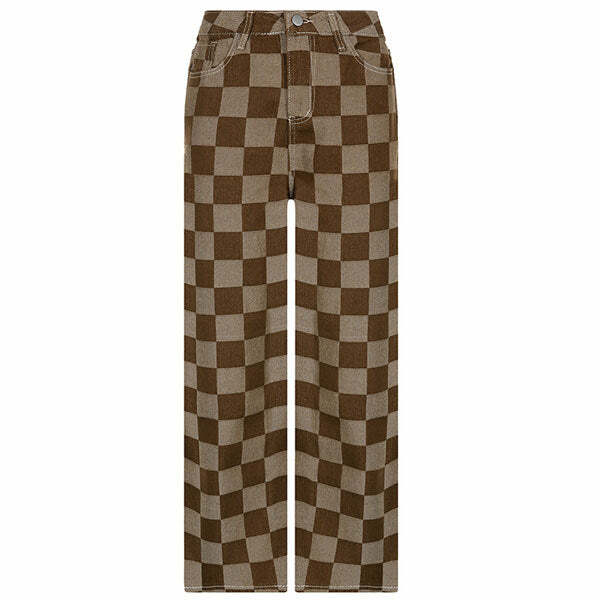 Brown Checkered Jeans: Y2K Fashion for Grunge & Coquette Aesthetics