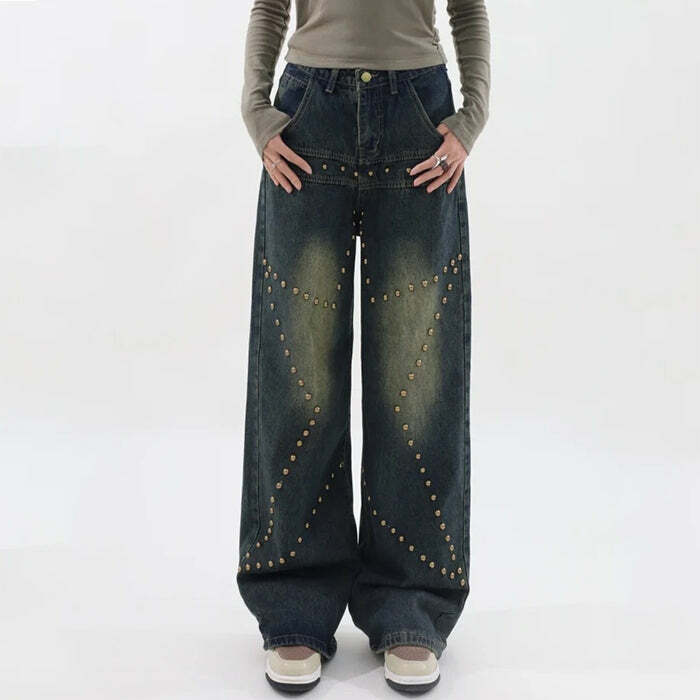 Brown Star Rivet Jeans - Y2K Fashion for Grunge & Coquette Aesthetic