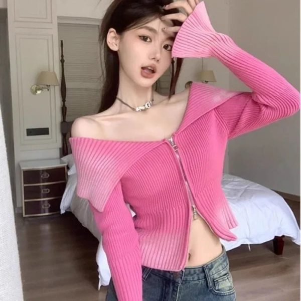 Bubblegum Y2K Off-Shoulder Zip-Up Top for Coquette & Grunge Aesthetics