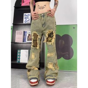 Camo Patchwork Distressed Jeans for Y2K Fashion & Grunge Aesthetic