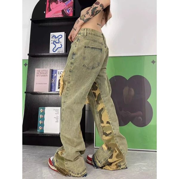 Camo Patchwork Distressed Jeans for Y2K Fashion & Grunge Aesthetic