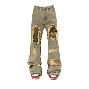 Camo Patchwork Distressed Jeans for Y2K Fashion & Grunge Aesthetic