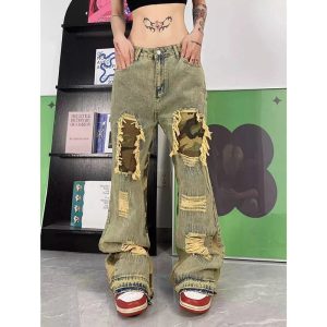 Camo Patchwork Distressed Jeans for Y2K Fashion & Grunge Aesthetic