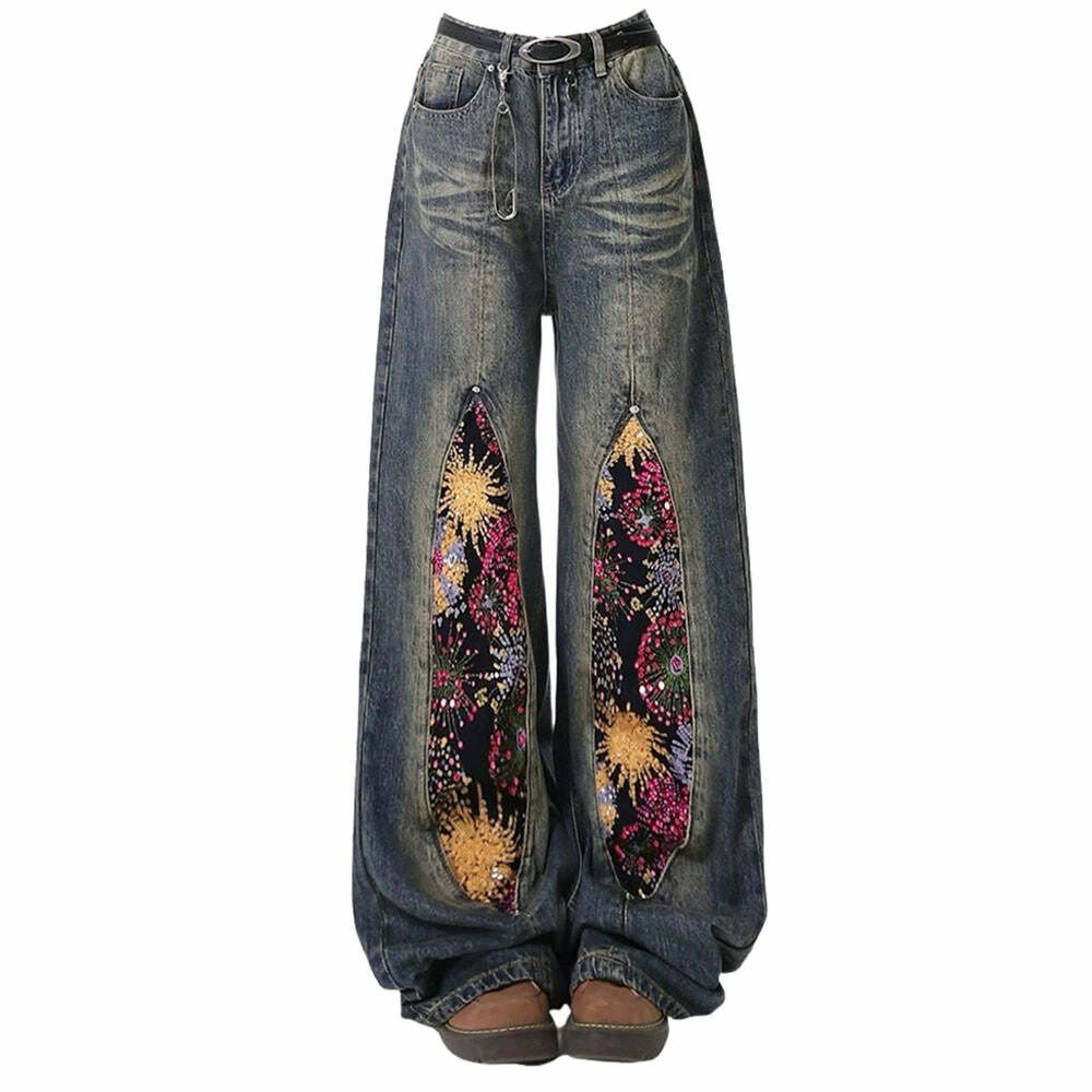 Celestial Magic Wide Leg Jeans: Y2K Fashion for Coquette & Grunge Aesthetics