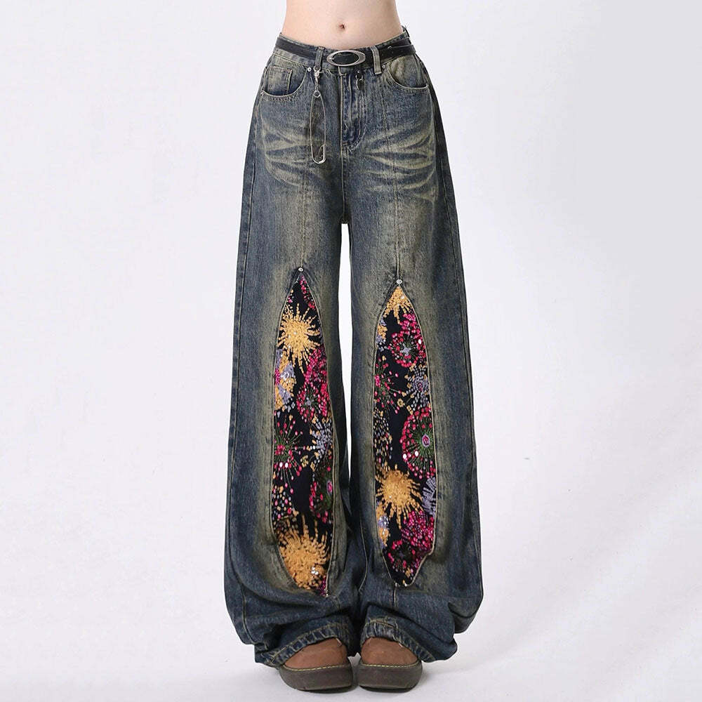 Celestial Magic Wide Leg Jeans: Y2K Fashion for Coquette & Grunge Aesthetics