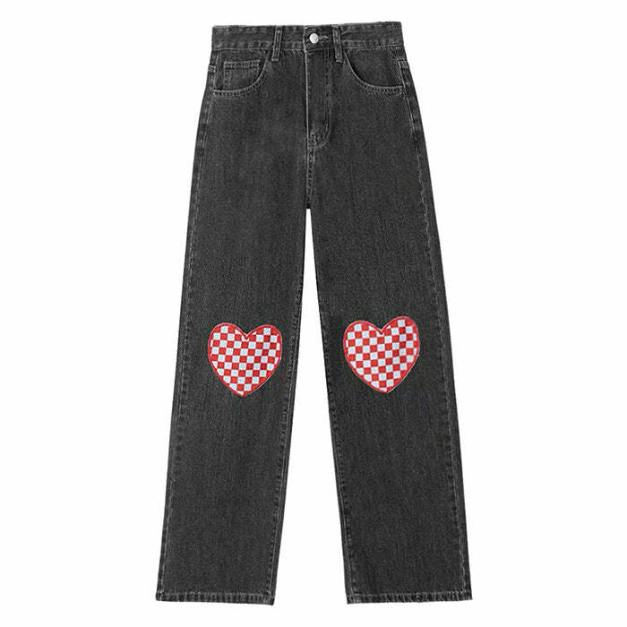 Checker Heart Wide Jeans: Y2K Fashion for Grunge & Coquette Aesthetics