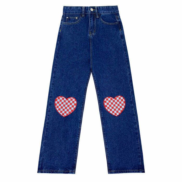 Checker Heart Wide Jeans: Y2K Fashion for Grunge & Coquette Aesthetics