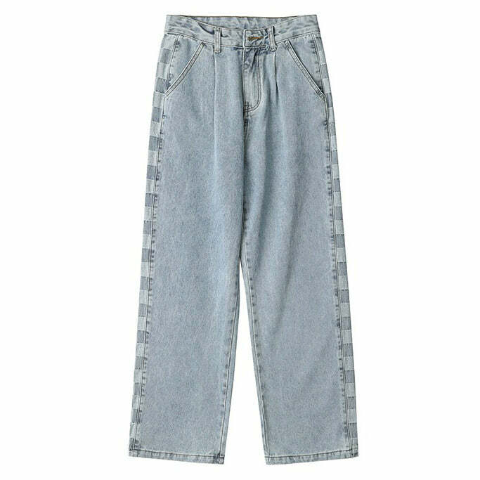 Checker Print Wide-Leg Jeans for Y2K Fashion & Grunge Aesthetic Vibes