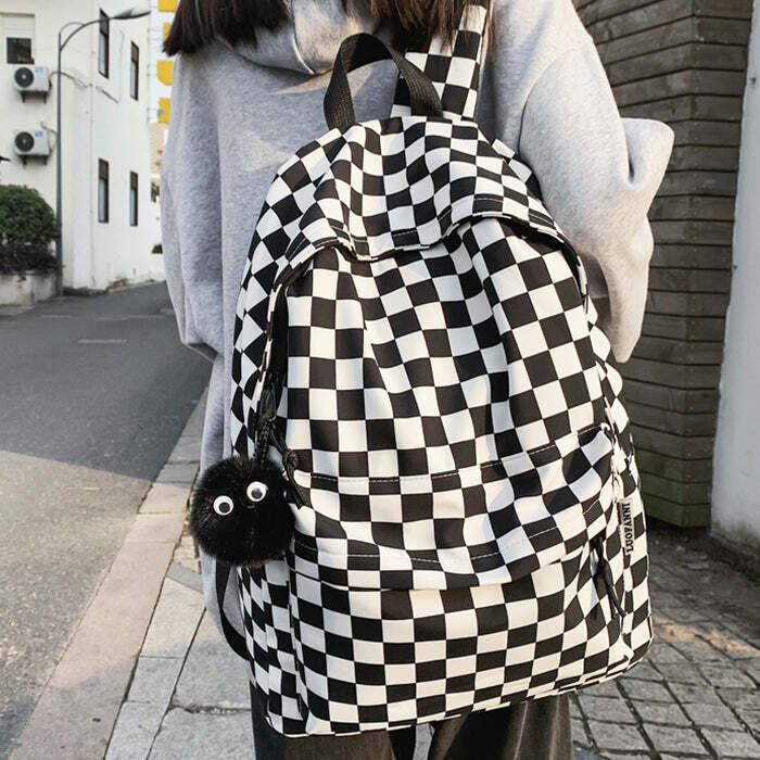 Checkered Canvas Backpack - Y2K Aesthetic Bag for Trendy Outfits