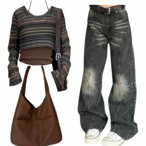 Chic Y2K Fashion: Layered Boho Knit Crop Top & Washed Black Wide-Leg Jeans