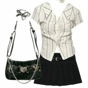 Chic Y2K Office Outfit: Elegant Stripe Blouse, Zipper Skirt & Crossbody Bag