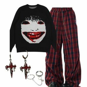 Creepy Smile Knit Sweater & Plaid Baggy Pants Set | Y2K Grunge Aesthetic