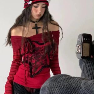 Crimson Chaos Y2K Off-Shoulder Top for Coquette & Grunge Aesthetic