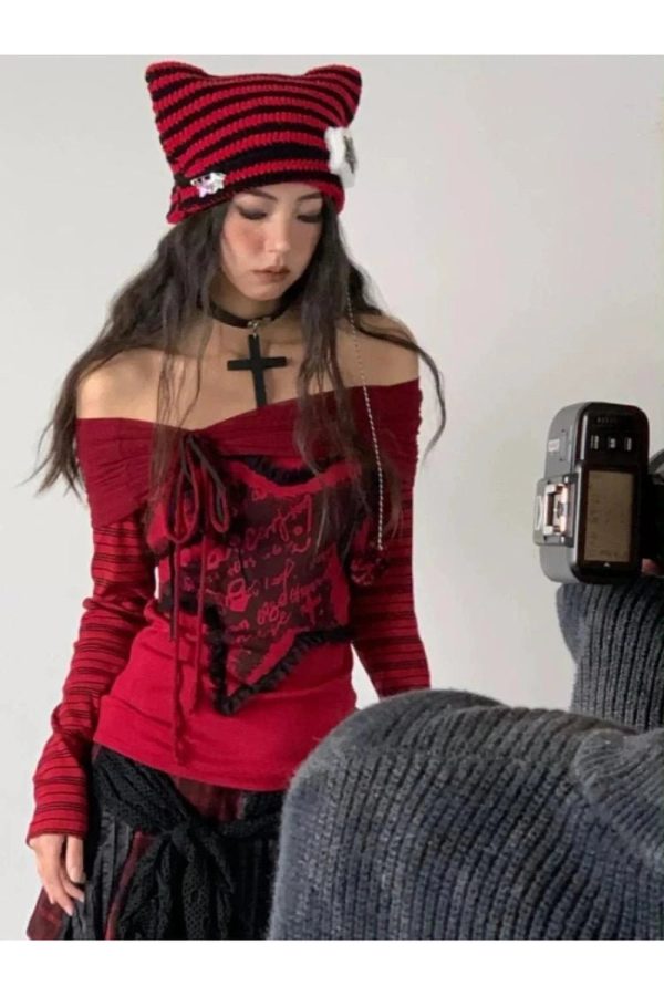 Crimson Chaos Y2K Off-Shoulder Top for Coquette & Grunge Aesthetic