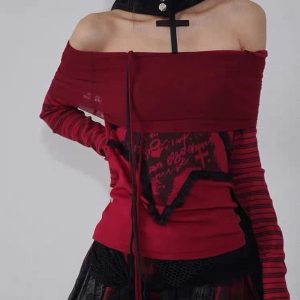 Crimson Chaos Y2K Off-Shoulder Top for Coquette & Grunge Aesthetic