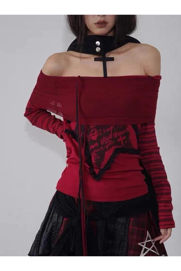 Crimson Chaos Y2K Off-Shoulder Top for Coquette & Grunge Aesthetic