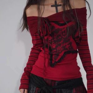 Crimson Chaos Y2K Off-Shoulder Top for Coquette & Grunge Aesthetic