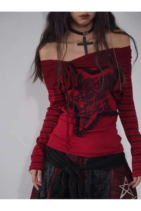 Crimson Chaos Y2K Off-Shoulder Top for Coquette & Grunge Aesthetic