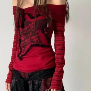 Crimson Chaos Y2K Off-Shoulder Top for Coquette & Grunge Aesthetic