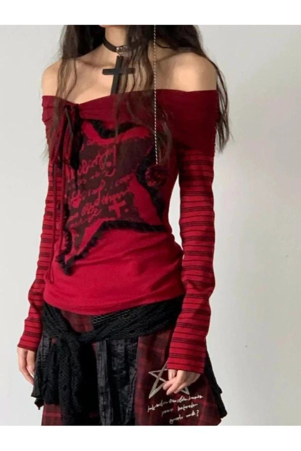 Crimson Chaos Y2K Off-Shoulder Top for Coquette & Grunge Aesthetic