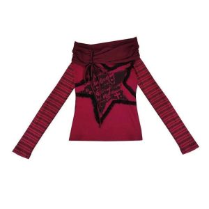 Crimson Chaos Y2K Off-Shoulder Top for Coquette & Grunge Aesthetic