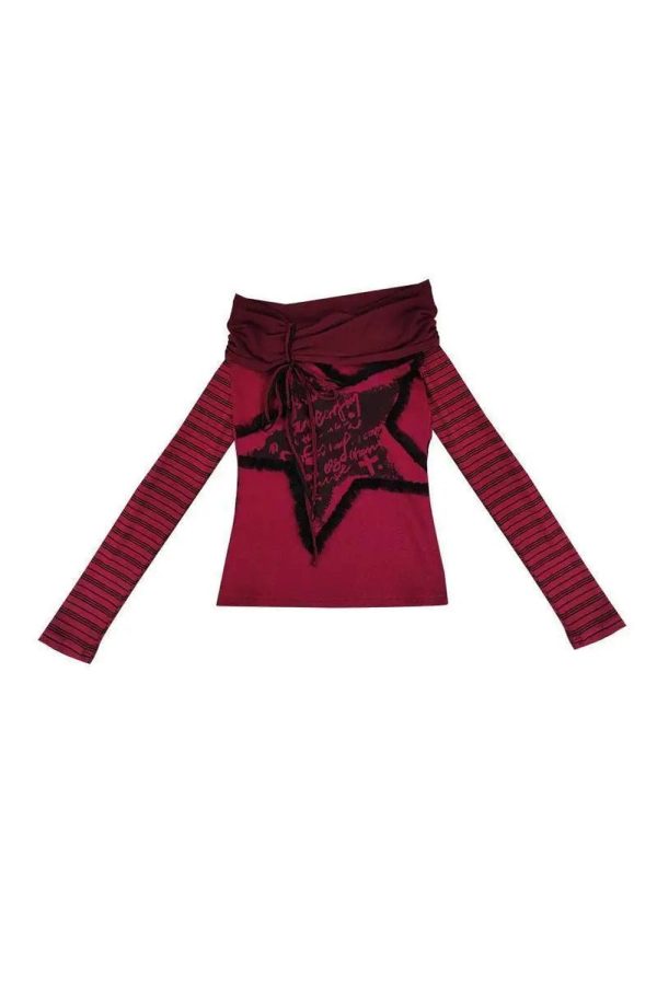 Crimson Chaos Y2K Off-Shoulder Top for Coquette & Grunge Aesthetic