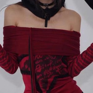 Crimson Chaos Y2K Off-Shoulder Top for Coquette & Grunge Aesthetic