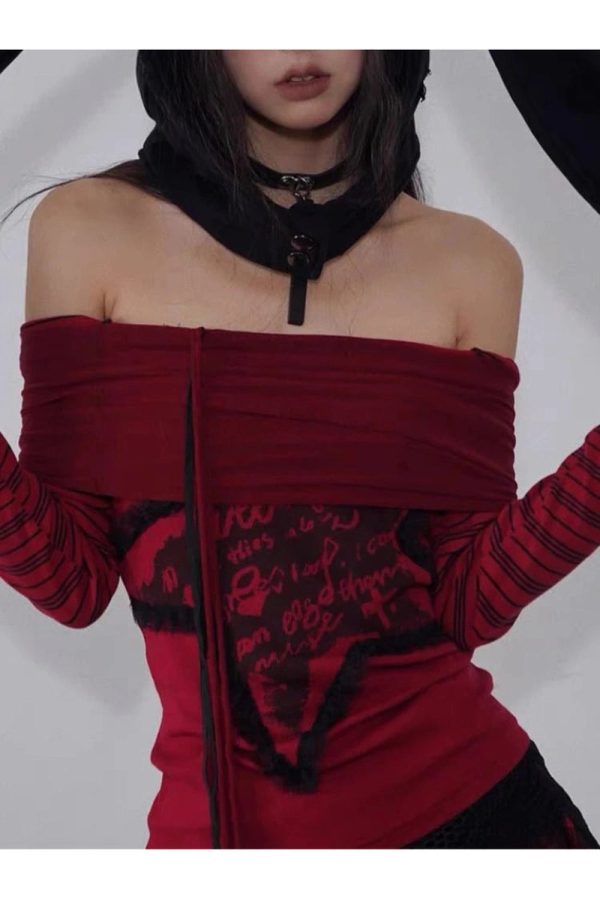 Crimson Chaos Y2K Off-Shoulder Top for Coquette & Grunge Aesthetic