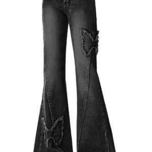 Dark Butterfly Flare Jeans - Y2K Fashion for Grunge & Coquette Aesthetic