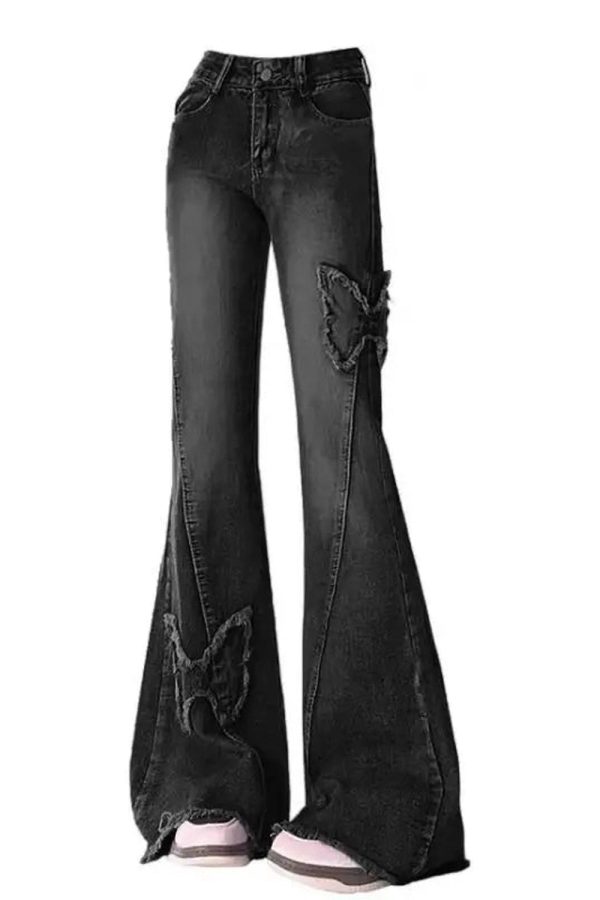 Dark Butterfly Flare Jeans - Y2K Fashion for Grunge & Coquette Aesthetic