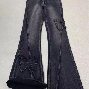 Dark Butterfly Flare Jeans - Y2K Fashion for Grunge & Coquette Aesthetic