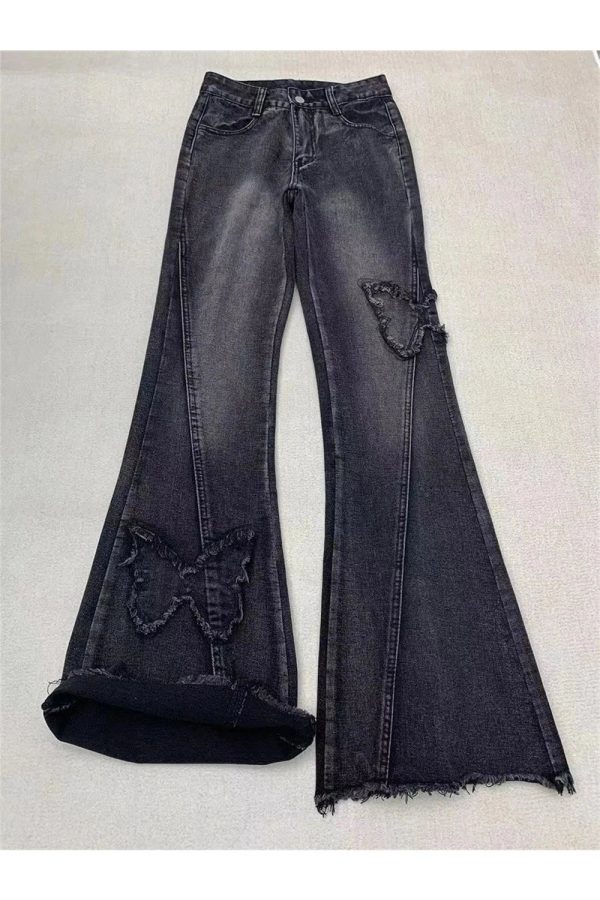 Dark Butterfly Flare Jeans - Y2K Fashion for Grunge & Coquette Aesthetic