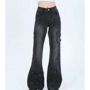 Dark Butterfly Flare Jeans - Y2K Fashion for Grunge & Coquette Aesthetic