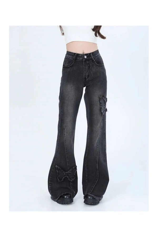 Dark Butterfly Flare Jeans - Y2K Fashion for Grunge & Coquette Aesthetic