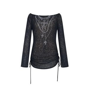 Dark Crucifix Long Sleeve Top - Y2K Grunge Aesthetic Cute Top