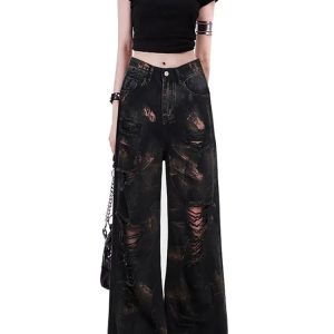 Dark Distortion Ripped Jeans - Y2K Grunge Aesthetic for Trendy Outfits