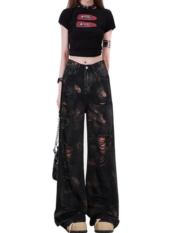 Dark Distortion Ripped Jeans - Y2K Grunge Aesthetic for Trendy Outfits